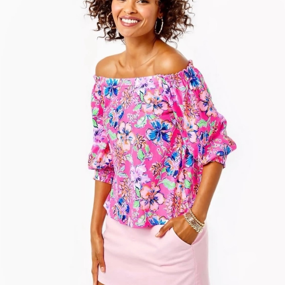 Lilly Pulitzer Pink Floral Off-Shoulder Blouse - Picture 2 of 4